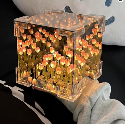 Clear cube with illuminated tulip flowers inside, held by a hand.